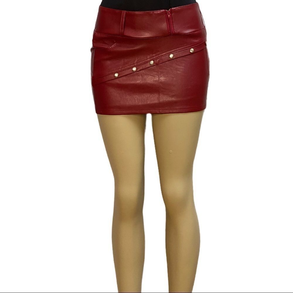 Dark Red Faux Leather Micro Mini Skirt - Bandage Bodycon Gold Zippers NWT
